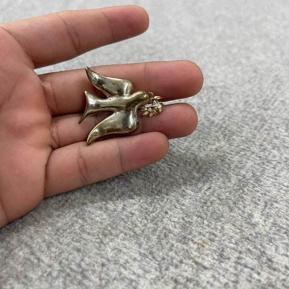 Vintage Sterling Silver & 14K Gold Dove With Olive Branch Brooch Pin - Picture 5 of 5